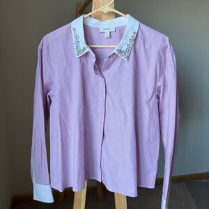3 for $30 🎁 ON 34th Women's Button Down Shirt L Embellished Pink Stripe Pearls